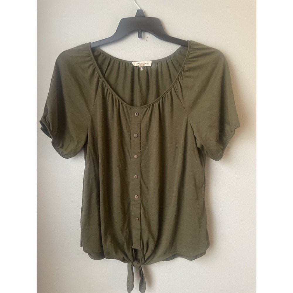 Parallel Skies Shirt Womens Large Green V‎ Neck Button Front Tie Hem Casual Top